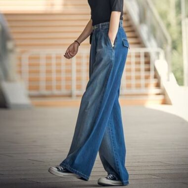 Vintage high waist contrast loose wide leg women jeans