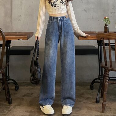 Casual versatile high waist slim straight women jeans