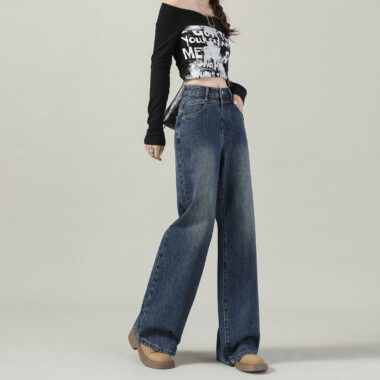 Autumn solid color high waist loose wide leg women jeans