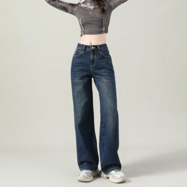 Autumn Korean style solid color high waist wide leg women jeans