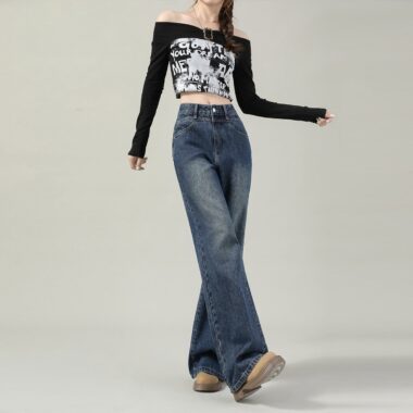 Autumn solid color high waist loose wide leg women jeans