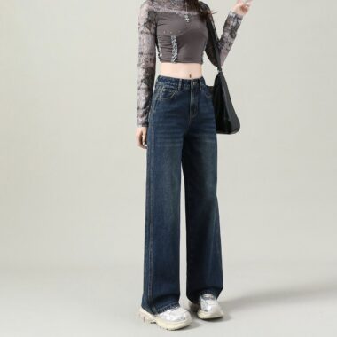 Autumn Korean style solid color high waist wide leg women jeans