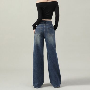 Autumn solid color high waist loose wide leg women jeans