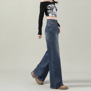 Autumn solid color high waist loose wide leg women jeans