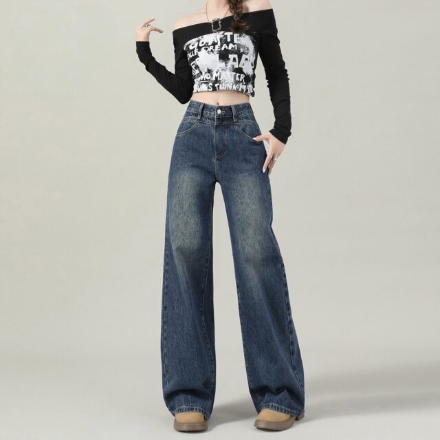 Autumn solid color high waist loose wide leg women jeans