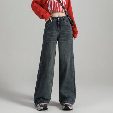 Autumn solid color Korean high waist wide leg women jeans