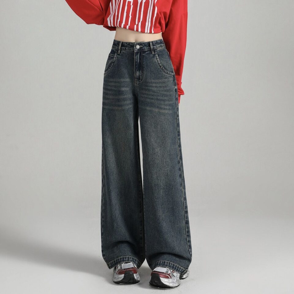 Autumn solid color Korean high waist wide leg women jeans