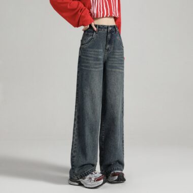 Autumn solid color Korean high waist wide leg women jeans
