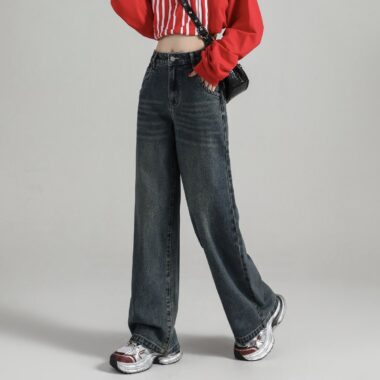 Autumn solid color Korean high waist wide leg women jeans