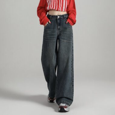 Autumn solid color Korean high waist wide leg women jeans