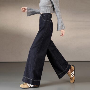Solid color Korean loose wide leg women jeans autumn