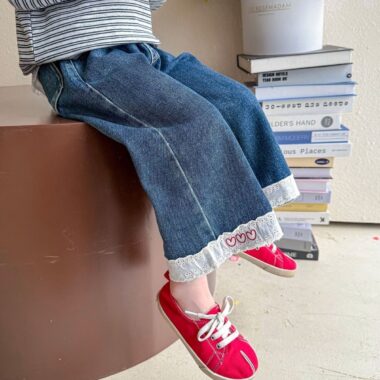 Autumn loose lace wide leg girls children jeans
