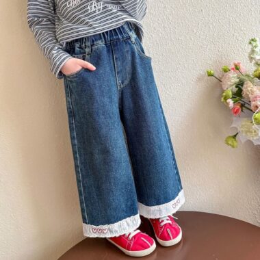 Autumn loose lace wide leg girls children jeans
