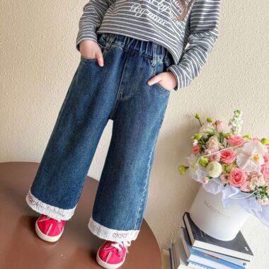 Autumn loose lace wide leg girls children jeans
