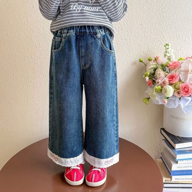 Autumn loose lace wide leg girls children jeans