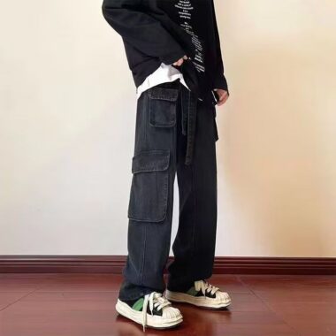 Autumn winter multi-pocket loose wide leg men jeans