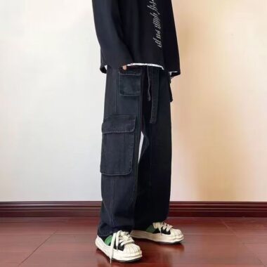 Autumn winter multi-pocket loose wide leg men jeans