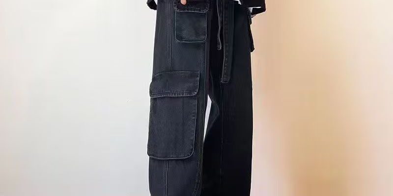 Autumn winter multi-pocket loose wide leg men jeans