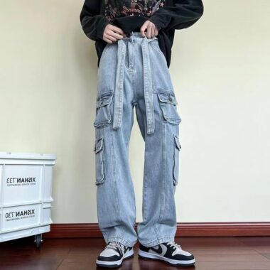 Autumn winter multi-pocket loose wide leg men jeans