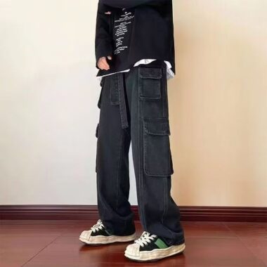 Autumn winter multi-pocket loose wide leg men jeans