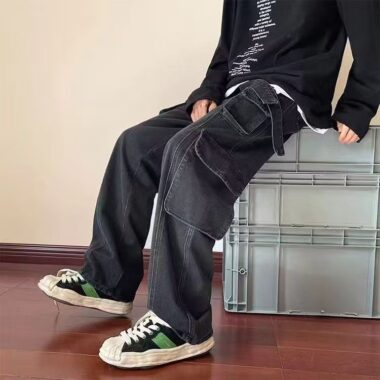 Autumn winter multi-pocket loose wide leg men jeans