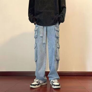Autumn winter multi-pocket loose wide leg men jeans