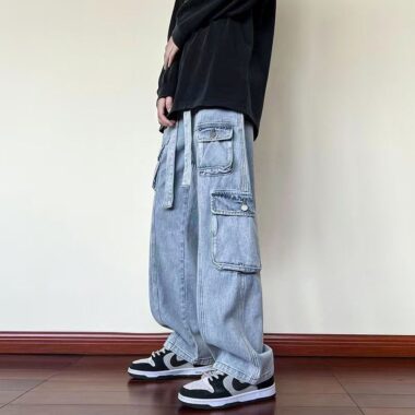 Autumn winter multi-pocket loose wide leg men jeans