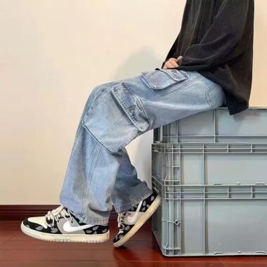 Autumn winter multi-pocket loose wide leg men jeans