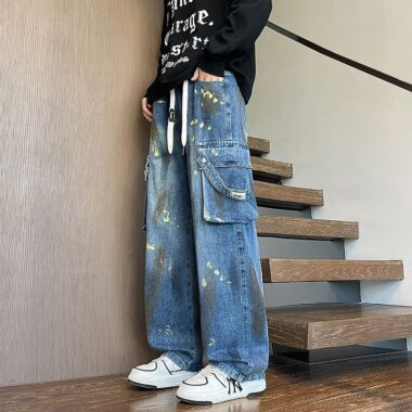 American vintage paint splatter loose wide leg men jeans