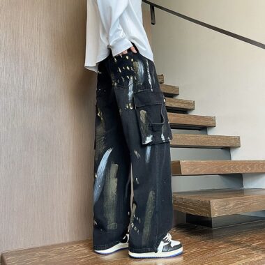 American vintage paint splatter loose wide leg men jeans