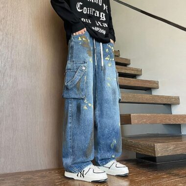 American vintage paint splatter loose wide leg men jeans