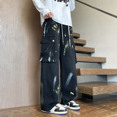 American vintage paint splatter loose wide leg men jeans