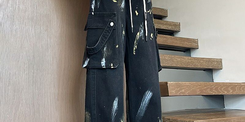 American vintage paint splatter loose wide leg men jeans