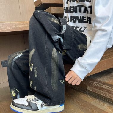 American vintage paint splatter loose wide leg men jeans