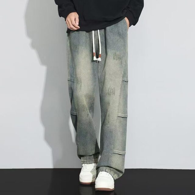 Vintage patchwork loose straight American men jeans