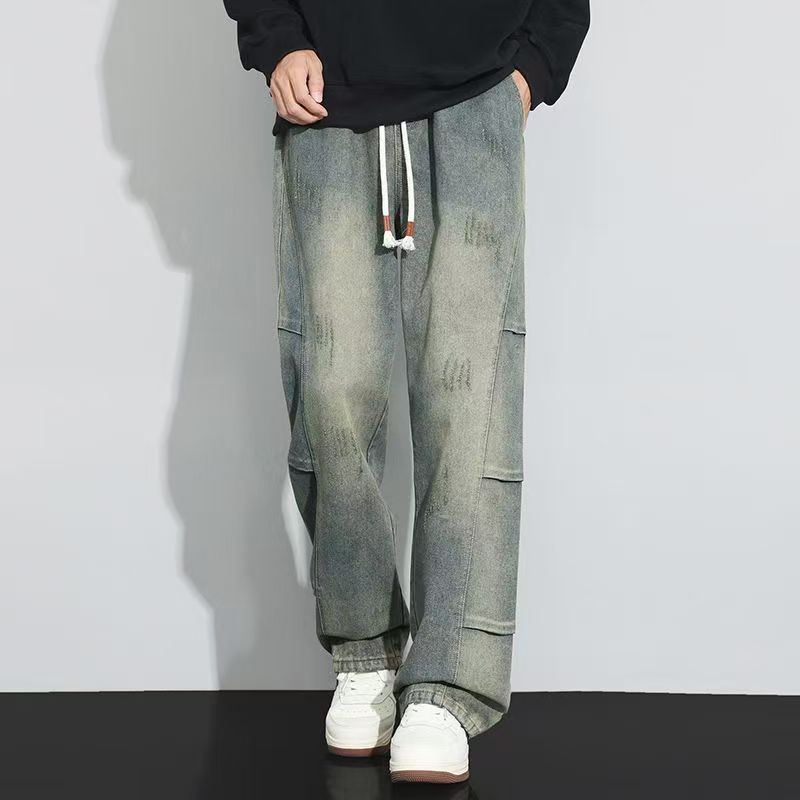 Vintage patchwork loose straight American men jeans
