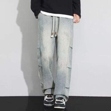 Vintage patchwork loose straight American men jeans