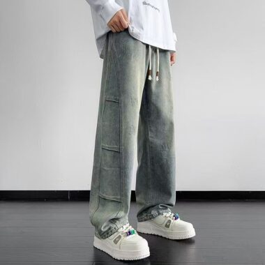 Vintage patchwork loose straight American men jeans