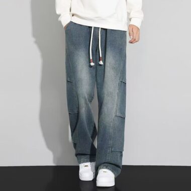 Vintage patchwork loose straight American men jeans