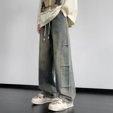 Vintage patchwork loose straight American men jeans