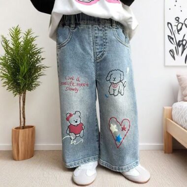 Spring autumn Korean style printed wide leg girls children jeans