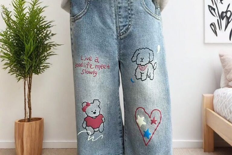 Spring autumn Korean style printed wide leg girls children jeans