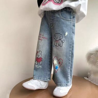 Spring autumn Korean style printed wide leg girls children jeans