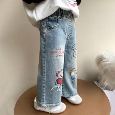 Spring autumn Korean style printed wide leg girls children jeans