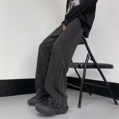 American vintage washed side stripe loose straight flared men jeans