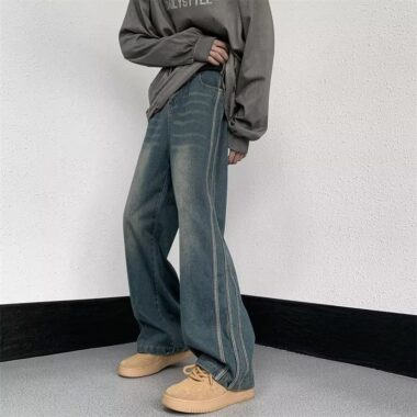 American vintage washed side stripe loose straight flared men jeans