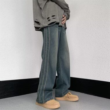 American vintage washed side stripe loose straight flared men jeans