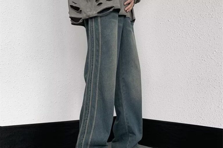 American vintage washed side stripe loose straight flared men jeans