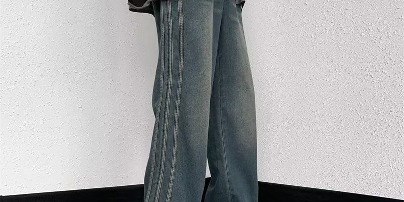 American vintage washed side stripe loose straight flared men jeans