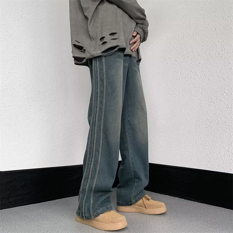 American vintage washed side stripe loose straight flared men jeans